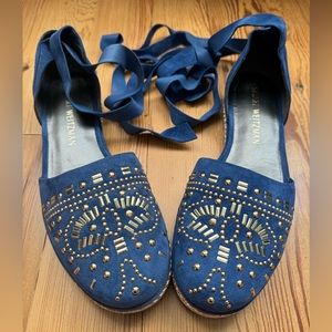 Stuart Weitzman couscous d’Orsay blue suede espadrille flats shoes M7.5